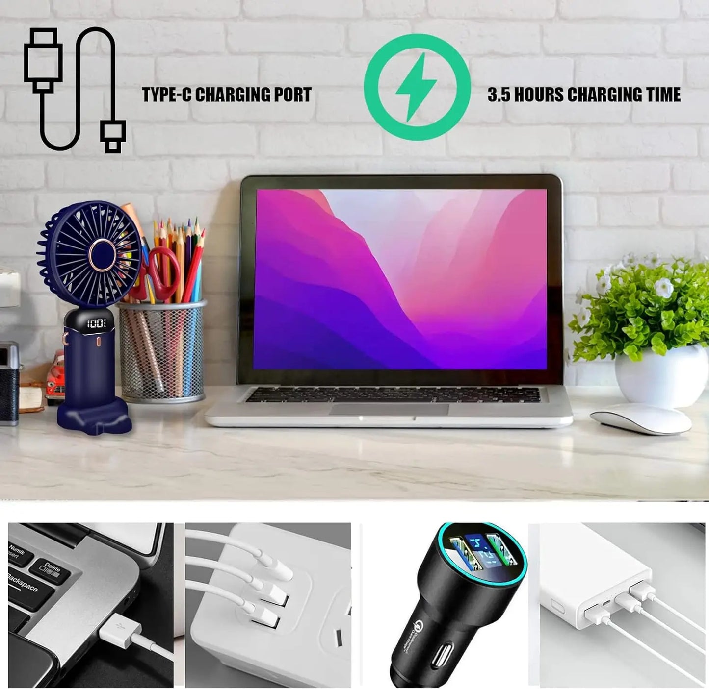 Handheld Fan,Foldable Desk Desktop Type-C Rechargeable Fans